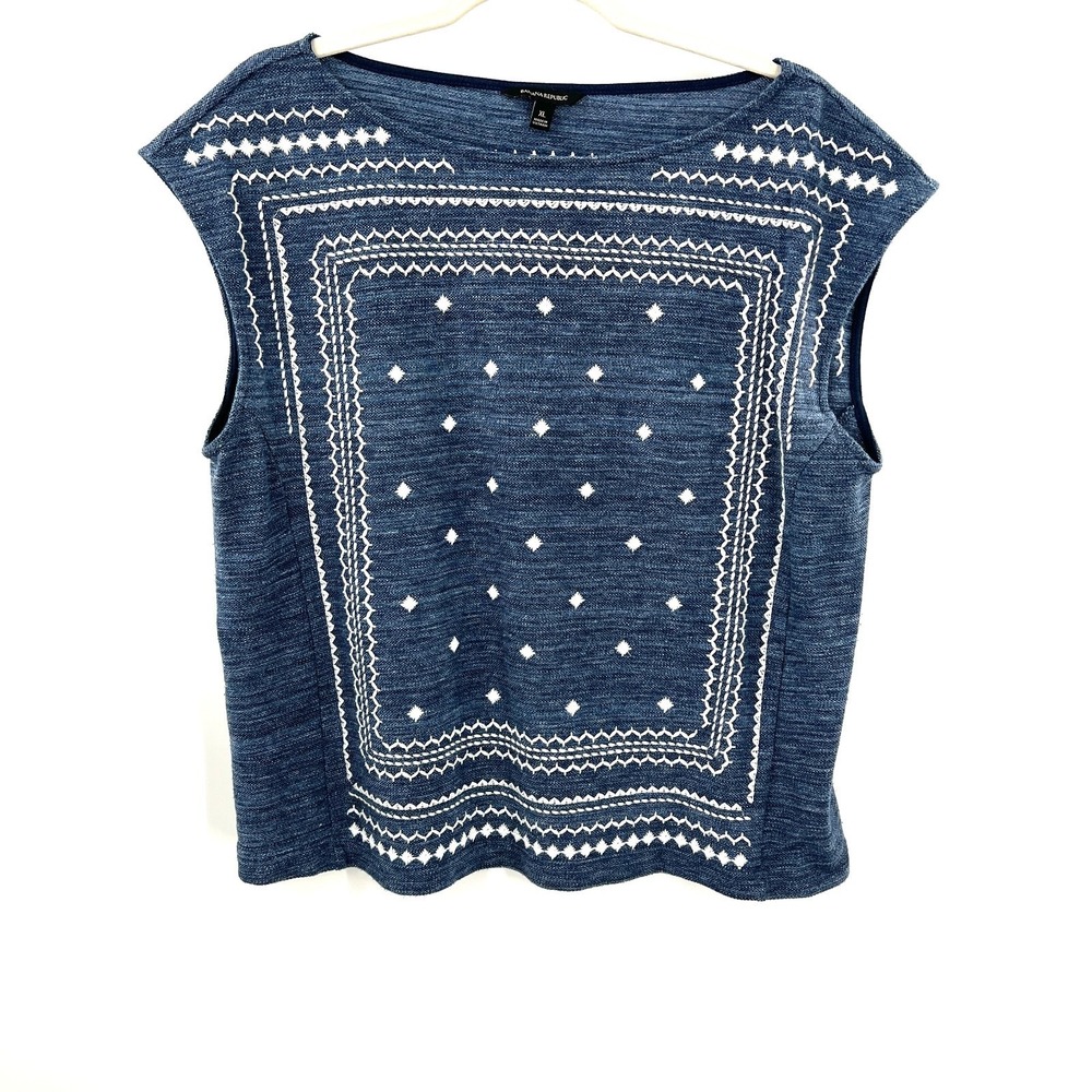 Banana Republic embroidered bandana print western boho top blue boat neck XL